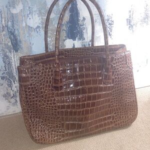 Vintage EUC MUSKA MILANO LEATHER Large Satchel Elegant Brown Crocodile-Embossed